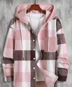 ピンク×ベージュ　フード付シャツ　メンズ