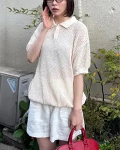 ユニセックスニットポロシャツ 透かし編み ポロニット 半袖 ホワイトのサムネイル