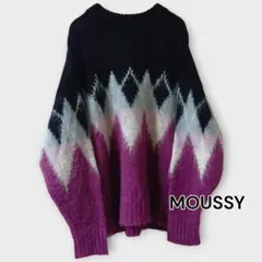 MOUSSY ZIGZAGニットトップス 黒×白×紫 M〜L相当 アーガイル柄