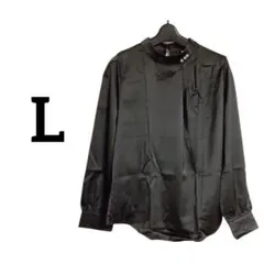 【L】シャツ ブラウス レディース タック 立ち襟 ブラック　黒　長袖シャツ