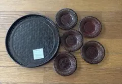 天然竹製うるし塗装 丸盆茶托揃