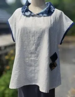 着物リメイク　古布リメイク　　白絣　チュニックブラウスのサムネイル
