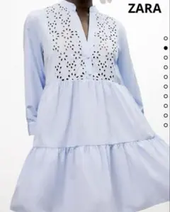 ZARA カットワークエンブロイダリー　チュニックワンピース　ライトブルー　美品