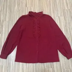 フリル付き長袖シャツ 毛混 アンゴラ配合 カーディガン ニット 赤