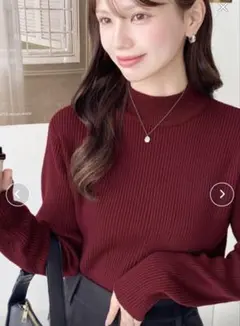 バーガンディ リブ編み ハイネックニット