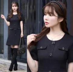 ERUKEI エルケイ フラワーモチーフボタン ミニドレスワンピース ブラック