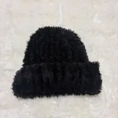 韓国　ニット帽　ビーニー　黒　ブラック　ふわふわ　ファー　もこもこ