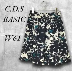 C.D.S BASIC 花柄フレアスカート W61 ブラック×ホワイト系 薄手