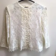 アイボリー レース フリル 長袖トップス　ブラウス