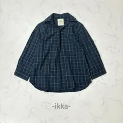 ikka/チェックシャツ/M/ネイビー×グリーン/カジュアル/7分袖/綿混