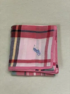 ポロ刺繍入りピンクチェックハンカチ