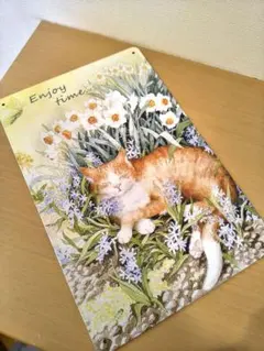 ブリキ看板　アート　寝込む　フラワー　花　可愛い　癒し　猫好き　ナチュラル