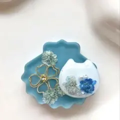 レジン ヘアゴム シェルと猫ちゃんフェイス ラメブルー◡̈♥︎ ※透け感