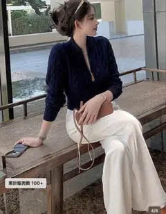 ネイビー ケーブル編み クロップドセーター　シーイン