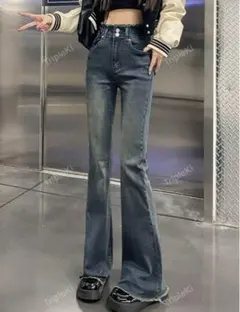 ダークブルー フレアデニムパンツ ハイウエスト