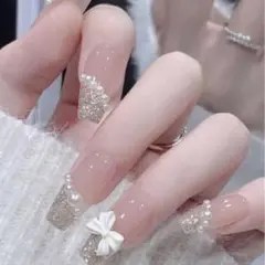 24個入り グリッター・パール装飾ネイルチップセット 白い リボン ピンク 17