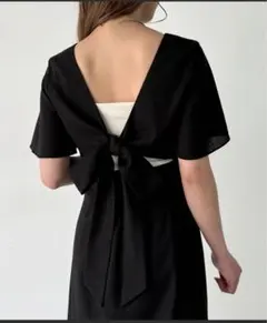 バックリボン付きブラックワンピース　ロングスカート　スナ系