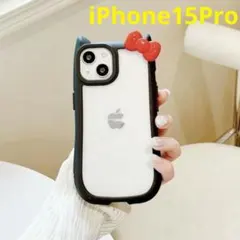 iPhoneケース15Pro 猫耳 赤リボン クリアケース ブラック