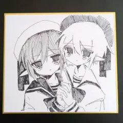 原画】イラスト オリジナル 鬼姫 和服 小色紙 手描き 女の子 アナログ