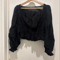 ZARA ブラック フリル クロップドブラウス M スクエアネック