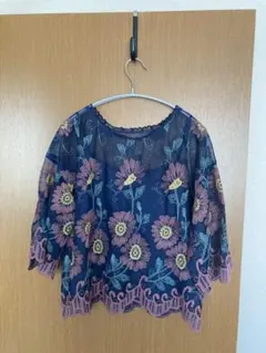 W-closet 花柄刺繍 ネイビー 五分袖 トップス