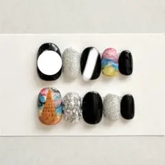 現品　ネイルチップ　ニュアンスネイル　黒　ミセス