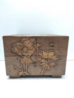 木彫り 花柄 彫刻 2段 ジュエリーボックス 小物入れ レトロ アンティーク調