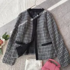 美品(M)ノーカラーツイードジャケット/羽織り/上着/フォーマル/セレモニー/黒