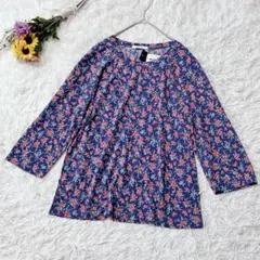 新品＊le lis　小花柄　七分袖チュニック　ストレッチ　Aライン　紺　Ｍ～Ｌ