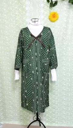 ハンドメイド　着物リメイク　着物ワンピース　着物ジャンパースカート　抹茶色