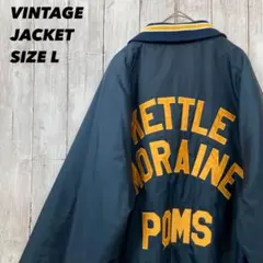 ヴィンテージ古着　中綿キルティング　刺繍ロゴナイロンスタジャン　サイズLネイビー