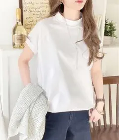 100%USAコットン　綿大人のモックネックフレンチラグラン裾ドロストシンプルTのサムネイル