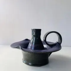 【本日のみ10%OFF】 備前焼？茄子紺の燭台/花器/フラワーベース