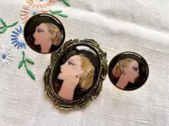 日本製 ヴィンテージ 七宝焼 ブローチ イヤリング レトロモダン 昭和レトロ 黒