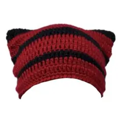 猫耳 ニット帽　赤　黒　 ハンドメイド Y2K 編み物 ビーニー