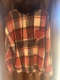 フード付きネルシャツ オレンジチェック