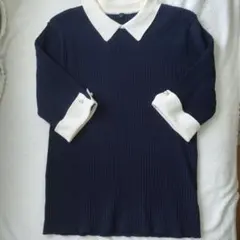 しまむら MUMU 襟付き パール調ボタン 半袖リブニット ネイビー