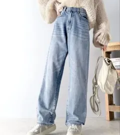 ゆったりハイウエストワイドストレートチノカラー＆無地 オーバーサイズデニムパンツ