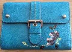 青色刺繍花柄二つ折り財布