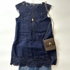 ダーマコレクション リネン 刺繍 フレンチスリーブ ブラウス M ネイビー