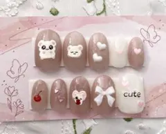 ハンドメイド　ネイルチップ　リボンネイル　リボンちゃん　さくらんぼネイル