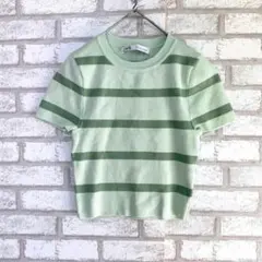 ZARA ザラ　ボーダーニット　半袖　グリーン　春夏 S