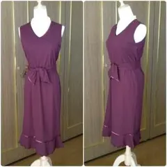 Ofuon ノースリーブ ベルト付き フリル ワンピース（ワイン色）