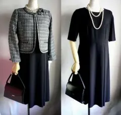 新品13号黒ノーカラーツイードJKフレアワンピーススーツ卒業式入学式オケージョン