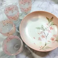 桜の花柄グラス4個と皿1枚セット　皿たち吉