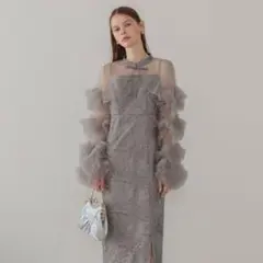 フリルチュールスリーブリボンIラインワンピースドレス結婚式パーティー二次会成人式