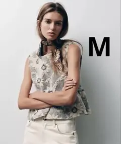 ZARA フラワープリント構造ペプラムトップス M