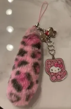 ギャルネコ キティ ストラップ ピンク　しっぽ　ヒョウ柄