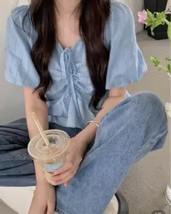 SHEIN ライトブルー フリル付きシャツ 半袖