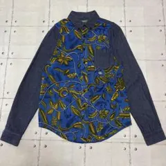 切替デザイン 総柄ファブリック×シャンブレー BDシャツUSA製 M コットン